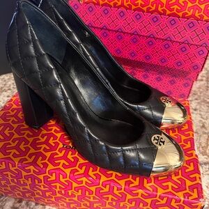 Tory Burch Black Quilted 4” Heels with Gold Toes